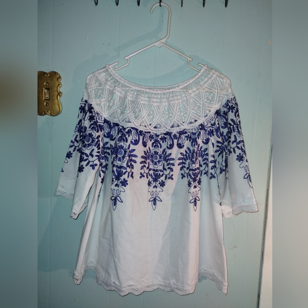 White and Blue Embroidered Top